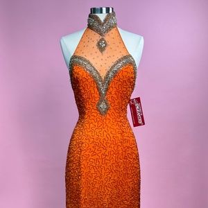 Vintage Sterling By Stone Ferris - Hot Tangerine Beaded Sequin Dress Size 6/8